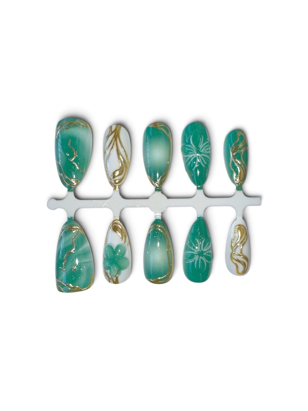 Green & White Floral Gold-Accent Press-On Nail Set